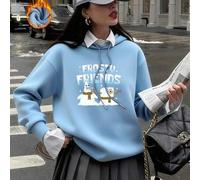 Shein Sudadera oversize con cuello redondo para mujer en azul denim. Presenta el estampado "FROSTY FRIENDS" con Bob Esponja transformado en muñeco de nieve