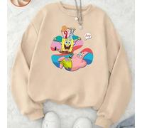 Shein Sudadera oversize de manga larga para niña, color albaricoque liso. Presenta a Bob Esponja, Patricio y Calamardo junto con el texto "Hey". ¡Una prenda