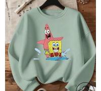Shein Sudadera oversize de manga larga para niña, color verde matcha liso. Presenta a Bob Esponja y Patricio Estrella surfeando juntos, rebosantes de energí