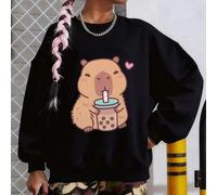 Shein Sudadera para niña, de algodón, con un adorable capibara tomando té de burbujas. Cuello redondo, hombros caídos, estilo casual, versátil para otoño/in