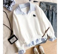 Shein Sudadera para niñas preadolescentes, de moda casual y versátil, con cuello, puños y bajo a rayas gris y azul, con estampado del logo de un caballo en