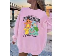 Shein Sudadera rosa de algodón con hombros caídos para mujer, con estampado de Pokémon, cuello redondo, holgada, talla grande, para primavera y otoño.