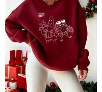 Shein Sudadera rosa holgada y versátil para mujer, con cuello redondo, con dibujos en blanco y negro de Bob Esponja y Patricio. Patricio sostiene un globo y