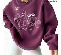Shein Sudadera rosa holgada y versátil para mujer, con cuello redondo, con dibujos en blanco y negro de Bob Esponja y Patricio. Patricio sostiene un globo y