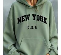 Shein Sudadera térmica con cordón y estampado gráfico de letras 'NEW YORK U.S.A' para mujer talla grande, gris oscuro, otoño invierno, casual, graduación, D