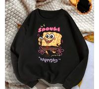 Shein Sudadera unisex rosa de cuello redondo con Bob Esponja saltando mientras sostiene una bebida. Letras 'SPONGE' + 'HAPPYDAY' para máxima dulzura. El aju