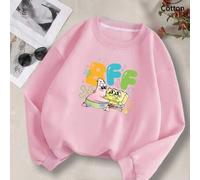 Shein Sudadera unisex rosa de cuello redondo con Bob Esponja y Patricio abrazados, con la frase "Wear Friendship" impresa. Hecha de algodón suave para una c