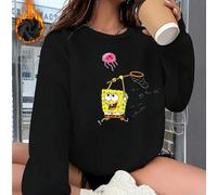 Shein Sudadera unisex rosa versátil de cuello redondo con estampado de Bob Esponja persiguiendo medusas con una red. El estampado es alegre e interesante. S