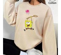 Shein Sudadera unisex rosa versátil de cuello redondo con estampado de Bob Esponja persiguiendo medusas con una red. El estampado es alegre e interesante. S