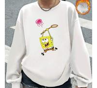 Shein Sudadera unisex rosa versátil de cuello redondo con estampado de Bob Esponja persiguiendo medusas con una red. El estampado es alegre e interesante. S