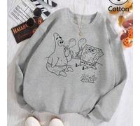 Shein Sudadera unisex versátil de cuello redondo rosa con dibujos en blanco y negro de Bob Esponja y Patricio. Patricio sostiene un globo y Bob Esponja un c