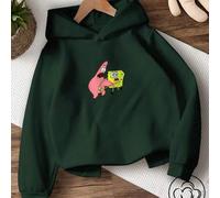 Shein Sudadera verde lisa con capucha, manga larga, hombros caídos y corte holgado para niña, con estampado de Bob Esponja. Confeccionada en una cómoda mezc