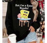 Shein Sudadera versátil de cuello redondo para mujer en algodón blanco puro, con Bob Esponja con cara de pocos amigos y la frase "¡Pero soy un buen fideo!".