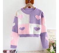 Shein Suéter corto de cuello redondo con contraste de corazones en rosa y blanco, de grosor regular y versátil para uso casual diario, adecuado para salir,