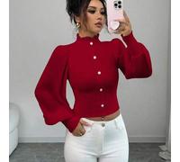 Shein Suéter de cuello alto con botones de perla beige, estilo vintage de palacio, elegante, de manga farol, de gasa crema con parches, para otoño/invierno