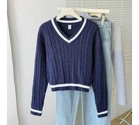 Shein Suéter de cuello en V de punto grueso para adolescentes, suave y cómodo en azul marino, adecuado para uso diario, al aire libre, viajes, vacaciones, h