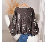 Shein Suéter de cuello redondo de manga larga con diamantes de punto y lentejuelas plateadas para tallas grandes