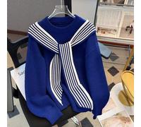 Shein Suéter de cuello redondo de manga larga y unicolor para mujer, con decoración de bufanda a rayas de contraste de moda casual náutica de otoño/invierno