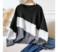 Shein Suéter de cuello redondo informal de talla grande con bloque de color, bigote de gato y flecos