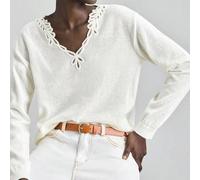 Shein Suéter de manga larga con cuello de ganchillo en color blanco marfil, nuevo para primavera/verano 2026. Adecuado para fiestas urbanas modernas, vuelta