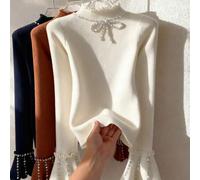 Shein Suéter de mujer de invierno con cuello redondo, manga de globo y ajustado, con aplicación de aretes de cristal y moño, estilo francés de unicolor