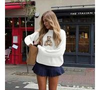 Shein Suéter de mujer nuevo para principios de otoño 2026, casual elegante, para citas, con diseño lindo de oso de dibujos animados, cuello redondo, manga l
