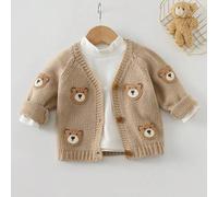 Shein Suéter de niño pequeño con estampado de oso de dibujos animados de cuello en V de manga larga, chaqueta de punto para bebé, chaqueta de punto con oso