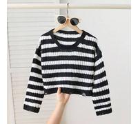 Shein Suéter de punto acortado a rayas bicolor negro y blanco desgastado para niñas, atuendo casual gótico oscuro para volver al colegio