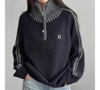 Shein Suéter de punto con cuello, media cremallera y bloques de color a rayas, estilo "Old Money" para mujer, ropa de otoño con cuello alto