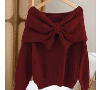 Shein Suéter de punto con hombros descubiertos y lazo azul, el diseño de lazo oversize es dulce y llamativo, el corte de hombros descubiertos revela unos ho