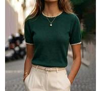 Shein Suéter de punto de manga corta con cuello redondo y ribete de contraste verde estilo francés vintage para mujer, otoño e invierno, atuendo para Año Nu