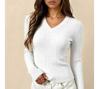 Shein Suéter de punto texturizado corto ajustado de manga larga con cuello en V, delgado y suave, estilo básico casual para mujer, apto para temporada de bo