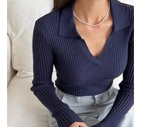 Shein Suéter delgado liso de cuello con manga larga, casual de otoño/invierno, azul marino viscosa para primavera/otoño, básico para mujeres