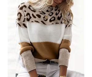 Shein Suéter holgado y lindo con estampado de leopardo en bloques de color para mujer, jersey de cuello redondo de punto acanalado cómodo y casual de manga