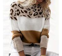 Shein Suéteres casuales y acogedores de mujer con bloque de color y estampado de leopardo, de punto acanalado con cuello redondo y manga larga