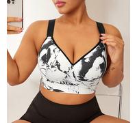 Shein Sujetador deportivo de talla grande con relleno extraíble, tirantes ajustables, soporte de alto impacto, diseño de estampado en tinta