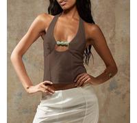 Shein Sujetador tipo bralette con cuello de halter, decorado con ribete de cuentas, para uso de verano, fiestas, club, vacaciones, eventos formales, casual