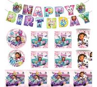Shein Suministros de decoración para fiesta de cumpleaños con tema de Gabby's Dollhouse, manteles, platos, vasos de papel, servilletas, colección de bandera
