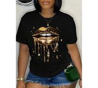 Shein Summer Perfect Black Polyester Short Sleeve Round Neck T-Shirt - Stylish Women's with Golden Lips Graphic, Casual Fit, Machine Washable