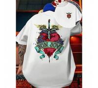 Shein T-shirt con stampa a forma di cuore e rosa di Bon Jovi , T-shirt da uomo con stampa fronte-retro, alla moda, casual, girocollo, in cotone 220 g/m2 (1