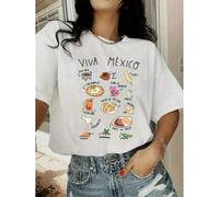 Shein T-Shirt - Vibrant Mexican Food & Drink Print, Loose Fit Crew Neck Short Sleeve, All-Season Comfort, Sizes S-3XL, Festive Attire, Comfortable Fit,