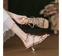 Shein Tacones altos de estilo romano versátil, de cabeza cuadrada con diamantes de imitación, con un toque de elegancia para niñas, nueva temporada de veran
