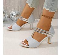 Shein Tacones altos de mujer de estilo de moda de 2025 con hebilla doble de fina. Lentejuelas brillantes. Cómodos. Estilo de punta abierta. Tacones altos de