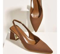 Shein Tacones altos de mujer de satén marrón con punta puntiaguda y tacón grueso, elegantes tacones medios, adecuados para oficina, fiesta, boda y otras oca