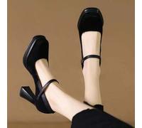 Shein Tacones altos para mujer de primavera y otoño en nuevo estilo, boca baja, cabeza cuadrada retro, tacón grueso, plataforma impermeable, zapatos Mary Ja