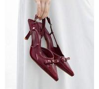 Shein Tacones stilettos sexys y de moda de punta fina, con hebilla, lazo y diseño hueco, color rojo vino, para señoras