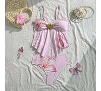 Shein Tankinis de niñas adolescentes con tirantes de espagueti, conjunto de bikini con base rosa y grandes flores, traje de baño de playa, trajes de baño de