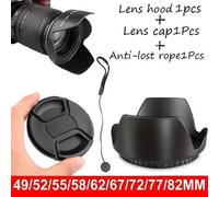 Shein Tapa de protección para objetivo de cámara con correa, parasol de lente, compatible con cámaras Nikon/Pentax/Olympus/DSLR, en tallas: 49mm/52mm/55mm/5