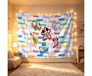 Shein Tapiz de los amigos alegres y coloridos del clásico Mickey Mouse de Disney, lindo colgante de pared blanco, telón de fondo de tela suave para dormitor