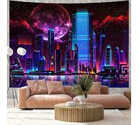 Shein Tapiz de pared con rascacielos de ciudad planetaria con reacción UV, telón de fondo neón, decoración gótica de habitación, tela estética de cortina, d